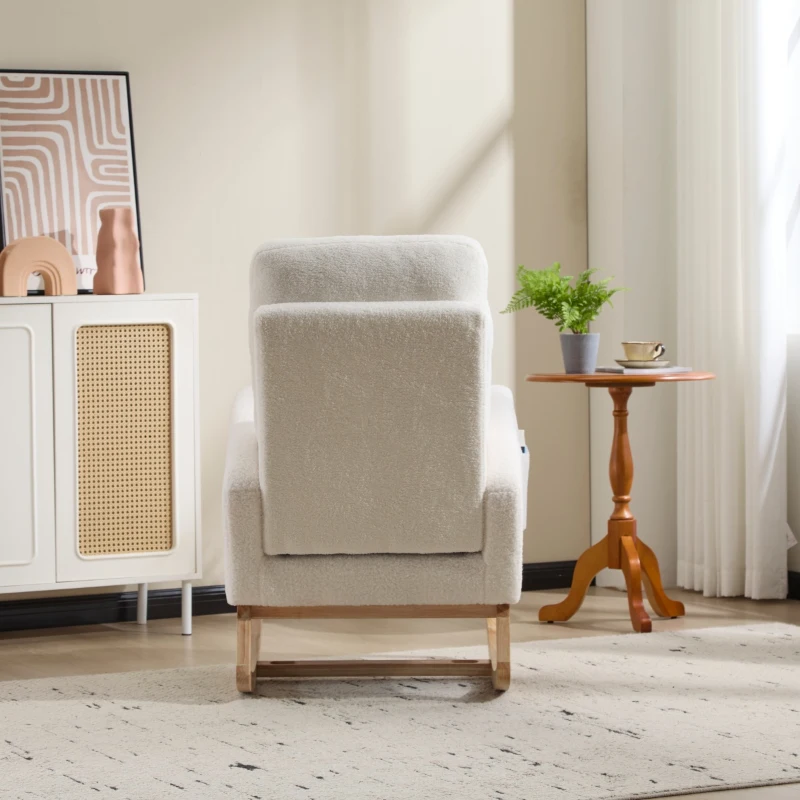 Fauteuil à bascule d’allaitement, dossier haut ergonomique, base incurvée en bois massif, poche latérale, 75x63x104 cm, Blanc