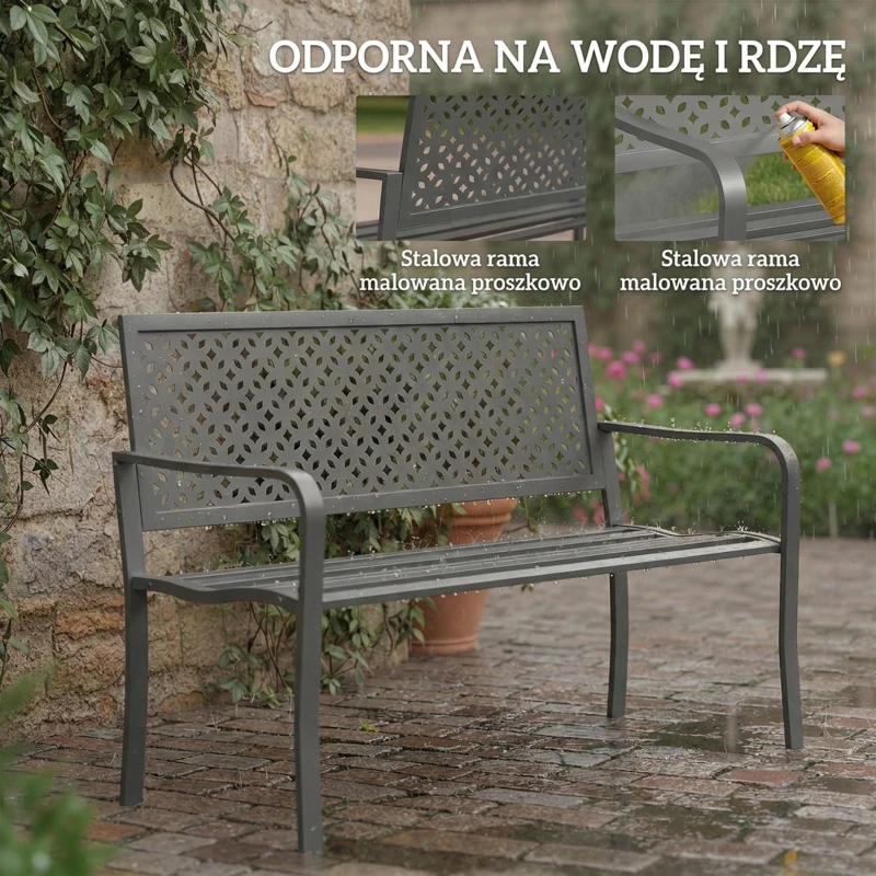 Outsunny Ławka ogrodowa 2-osobowa Metalowa odporna na warunki atmosferyczne Ławka balkonowa z oparciem odpornym na rdzę Geometryczna wytrzymałość do 240 kg
