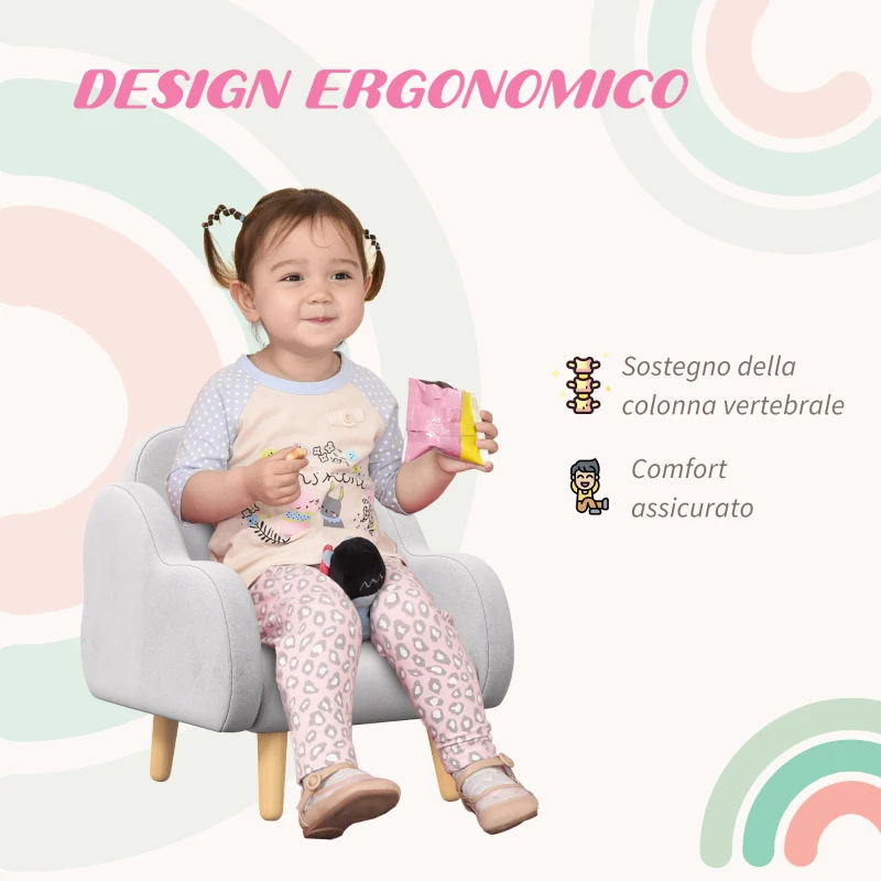 ZONEKIZ Poltrona per Bambini fino a 3 Anni con Braccioli a Nuvola in Tessuto, 46x51x55cm, Grigio