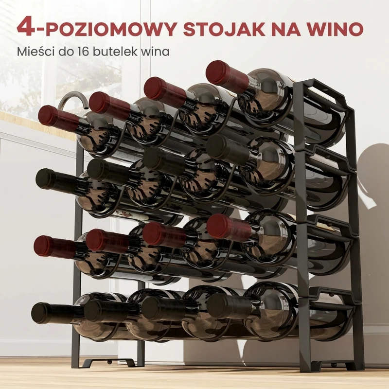 Wielopoziomowy regał na wino, na 16 butelek, czarny