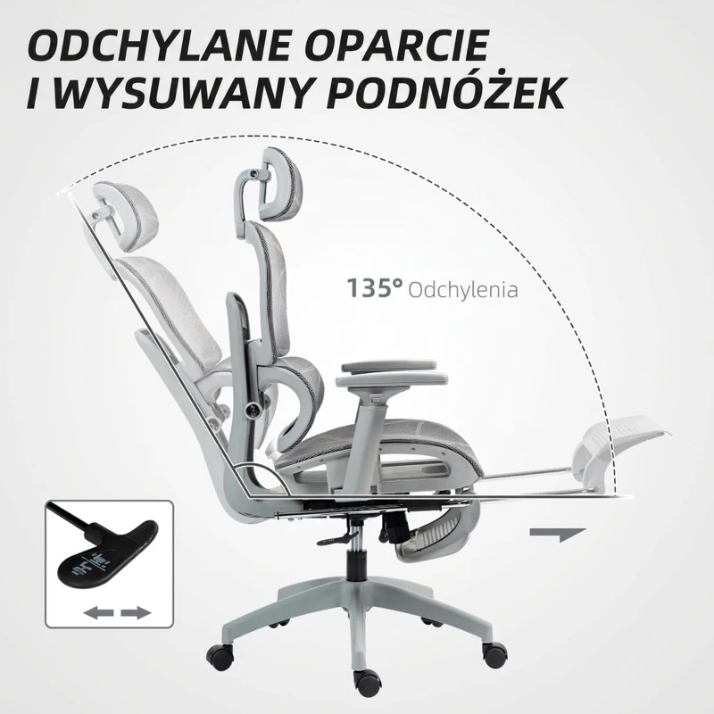 HOMCOM Fotel biurowy, Ergonomiczny krzesło biurowe z siatkowym obiciem, regulowane, na kółkach, z podłokietnikami, zagłówkiem, Szary