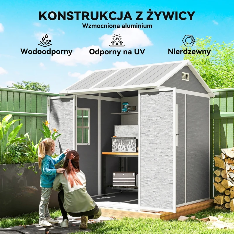 Outsunny 6 x 6ft Garden Shed, Plastic Shed with Floor, Window, Lockable Doors and Vents, Resin Tool Shed for Outdoor Patio, Grey