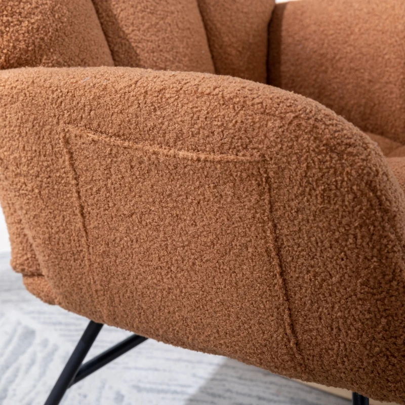 Fauteuil à bascule en tissu teddy, avec poche, dossier enveloppant et base en bois massif, pour salon ou chambre d’enfant, Marron