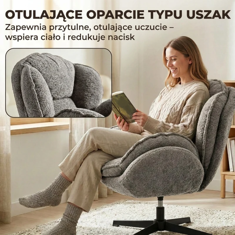 HOMCOM Nowoczesny fotel typu wingback, welurowy fotel z podłokietnikami, czteroramienna podstawa, sprężyny S, funkcja obrotu 360°, szary