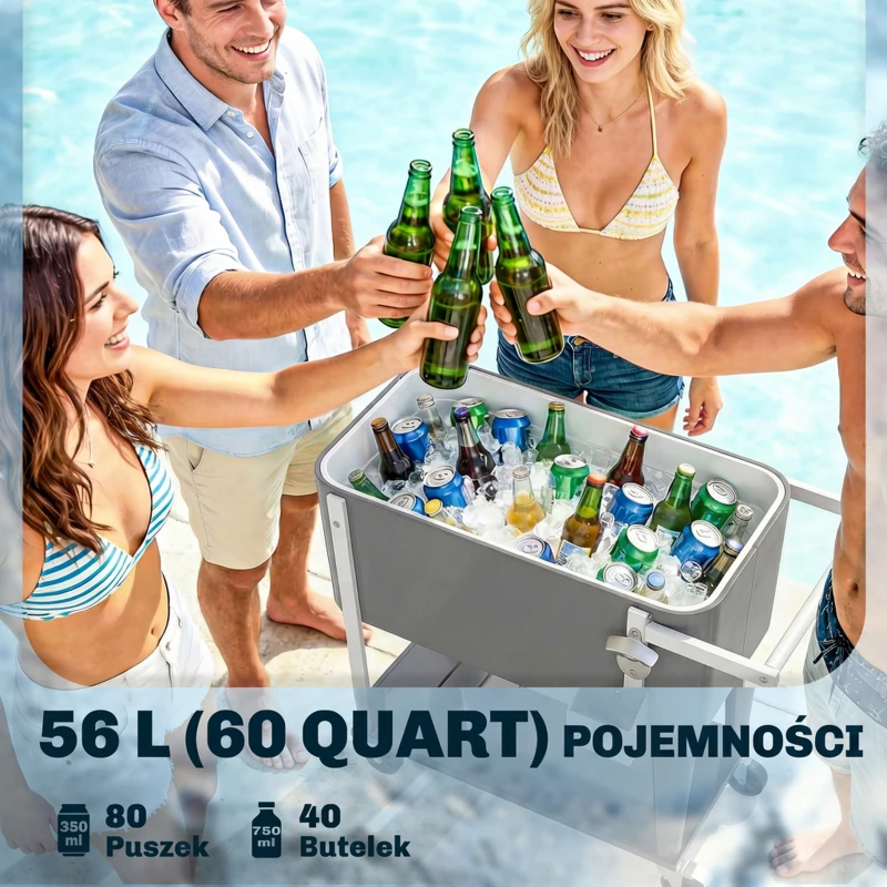 Outsunny Wózek chłodzący 56L z kółkami, otwieraczem do butelek, dolną półką, uchwytem, szary