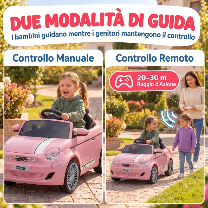 AIYAPLAY Macchina Elettrica per Bambini 12V Fiat 500, Batteria al Litio, 2 Motori, Telecomando, 3-6 Anni, Rosa