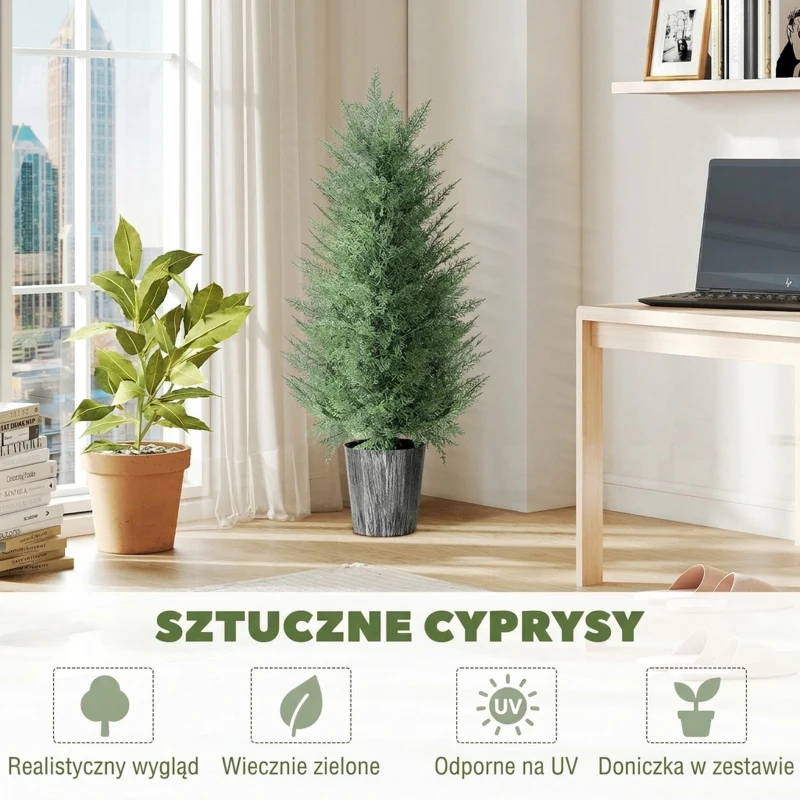 HOMCOM Zestaw 2 szt. Sztuczne drzewa cyprysowe duże 90cm Roślina sztuczna, plastik Sztuczne rośliny w doniczce 15 x 15 x 90 cm Zielony