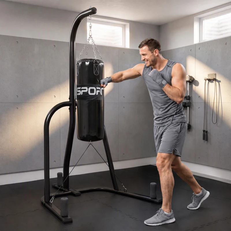 SPORTNOW Sac de Box cu Suport Autoportant pentru Adulți, Sac 20 kg, Structură Oțel, 141x123x220 cm, Negru