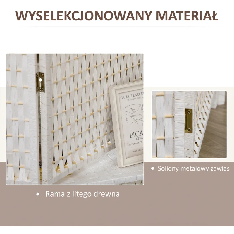 HOMCOM Parawan 4-częściowy 181 x 180 cm, Składany, z 2 półkami wykonany z drewna sosnowego i bambusa, do sypialni, biały