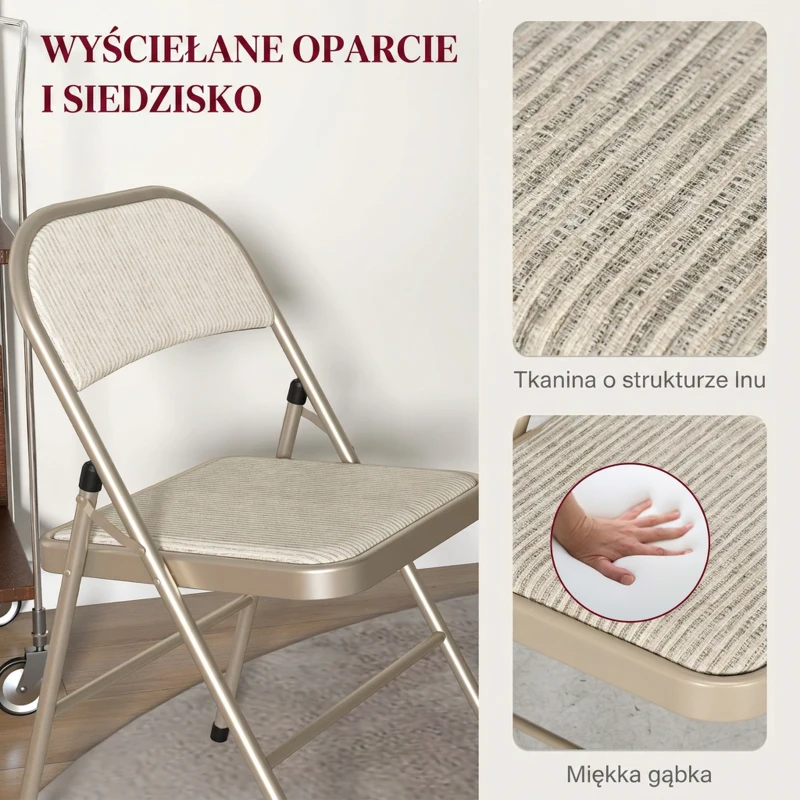 HOMCOM Zestaw 4 składanych krzeseł, przenośne biurowe krzesła, nogi stalowe, składane krzesło do biura, recepcji, poczekalni, wygląd lnu, beżowe