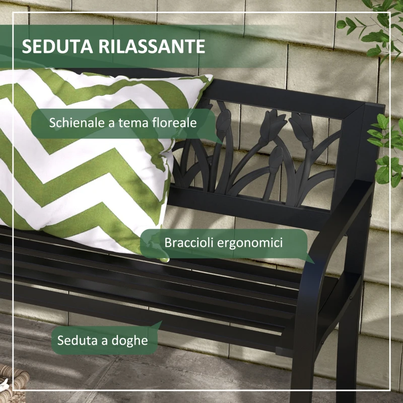 Outsunny Panchina da Giardino a 2 Posti in Acciaio con Schienale Decorato e Braccioli, 125x50x75cm, Nero