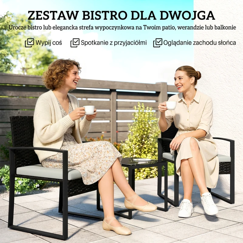 Outsunny Zestaw bistro z rattanu, 3-częściowy zestaw mebli ogrodowych z 2 krzesłami, stolik, zdejmowane poduszki, kremowy