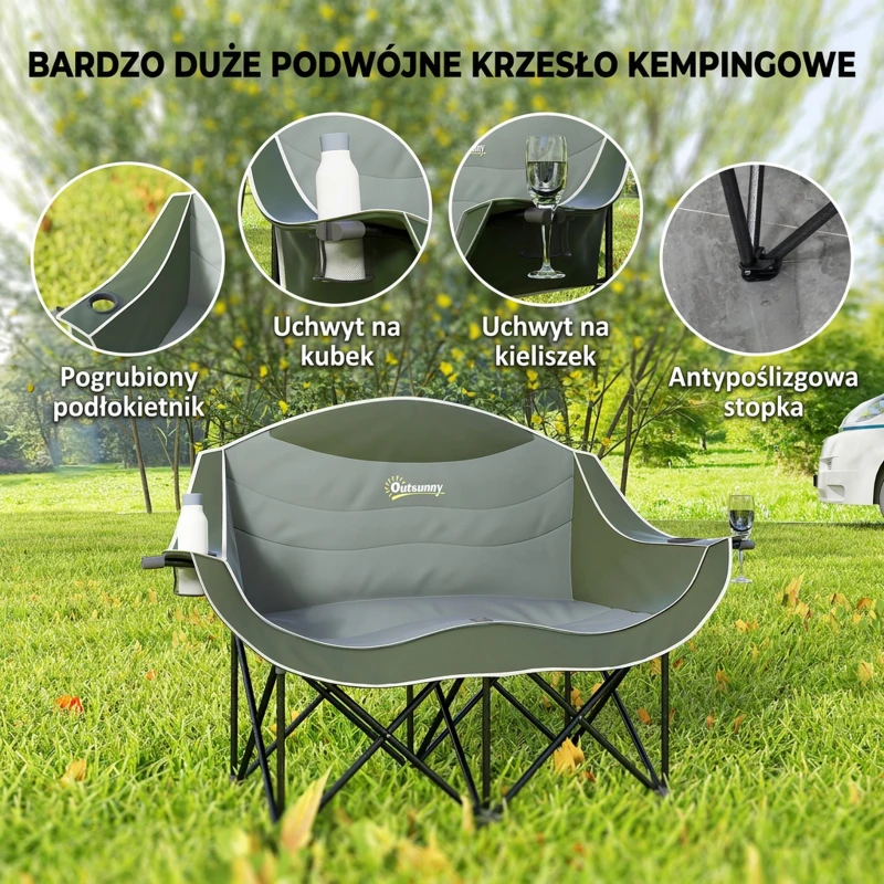 Outsunny Składany Fotel 2-osobowy Krzesło Kempingowe z Torbą Transportową, Wytrzymałość do 250 kg, Zielony