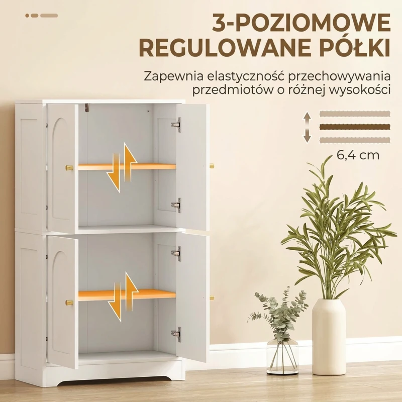 HOMCOM Kredens kuchenny, wysoka szafka z 2 regulowanymi półkami, bufet kuchenny z 4 wygiętymi drzwiami, 60 x 30 x 110 cm, biały