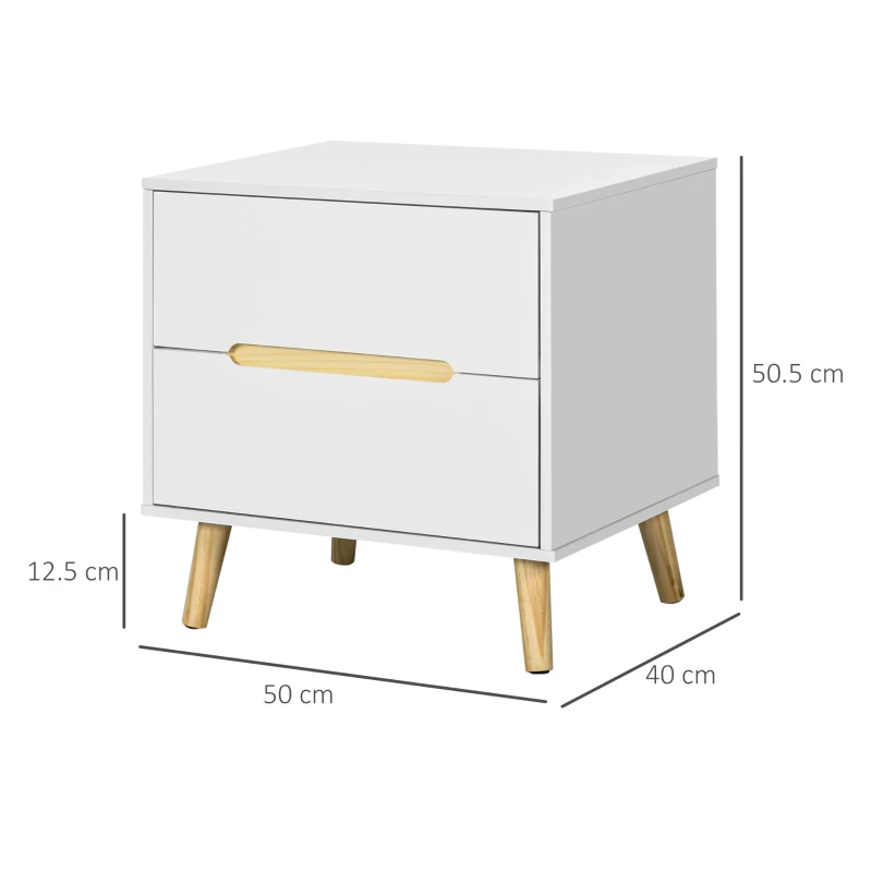 HOMCOM Comodino Moderno con 2 Cassetti, Set 2 Pezzi in Truciolato e Gambe in Legno di Pino, 50Lx40Px50.5A cm, Bianco