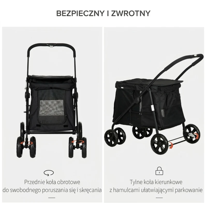 PawHut Wózek dla psa z poduszką, 3 kieszeniami bocznymi, składany, wózek dla psa, 102 cm x 62 cm x 105 cm, Czarny
