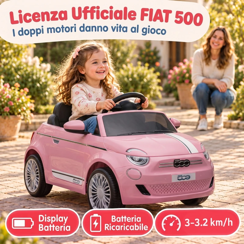 AIYAPLAY Macchina Elettrica per Bambini 12V Fiat 500, Batteria al Litio, 2 Motori, Telecomando, 3-6 Anni, Rosa