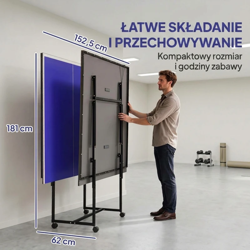 SPORTNOW Stół do tenisa stołowego, składany, przenośny, 2 rakiety, 3 piłki, rama metalowa, 274x152,5x76 cm, Niebieski