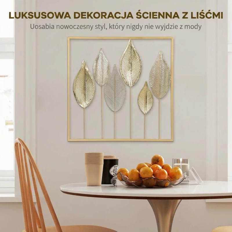 HOMCOM Metalowa rama z motywem liści, ozdoba ścienna, nowoczesny styl, w kolorze złotym