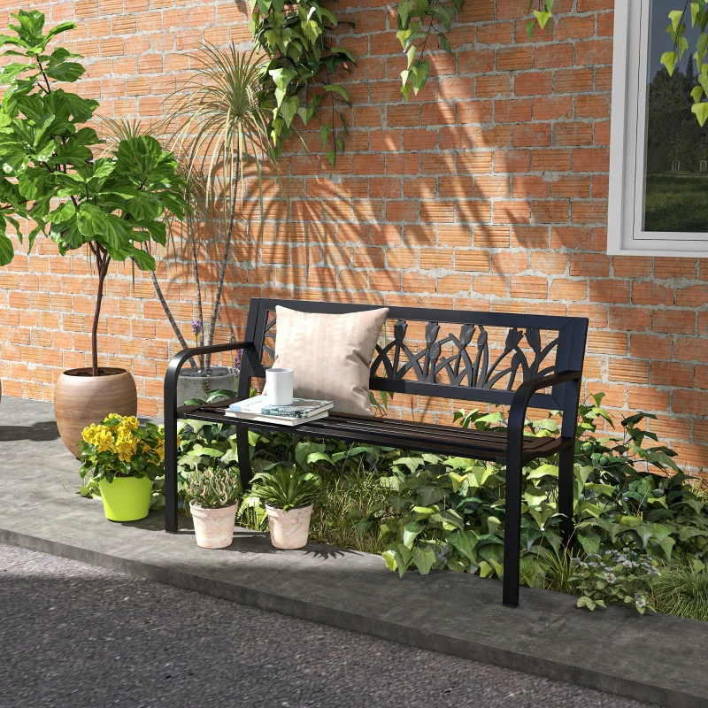 Outsunny Panchina da Giardino a 2 Posti in Acciaio con Schienale Decorato e Braccioli, 125x50x75cm, Nero