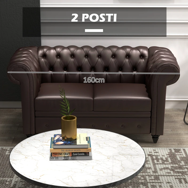 HOMCOM Divano 2 Posti stile Chesterfield con Cuscino Rimovibile, in Ecopelle, Legno e Metallo, 160x84x80 cm, Marrone