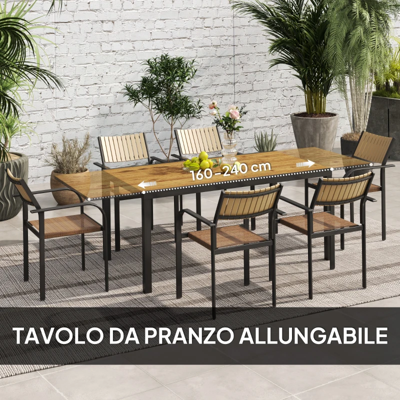 Outsunny Set Tavolo da Giardino Allungabile con 6 Sedie da Esterno Impilabili, Acciaio e Textilene, Marrone