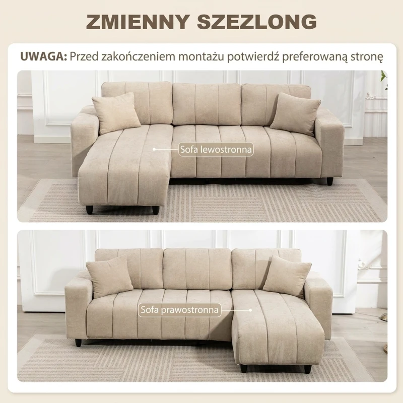 Narożna Sofa HOMCOM z Zmiennym Narożnikiem, Zintegrowane Siedzisko, Duża 3-osobowa Sofa w Kształcie Litery L z Sprężynowym Siedziskiem, 2 Poduszki, Stalowa Rama, Sofa do Salonu, Kolor Beżowy