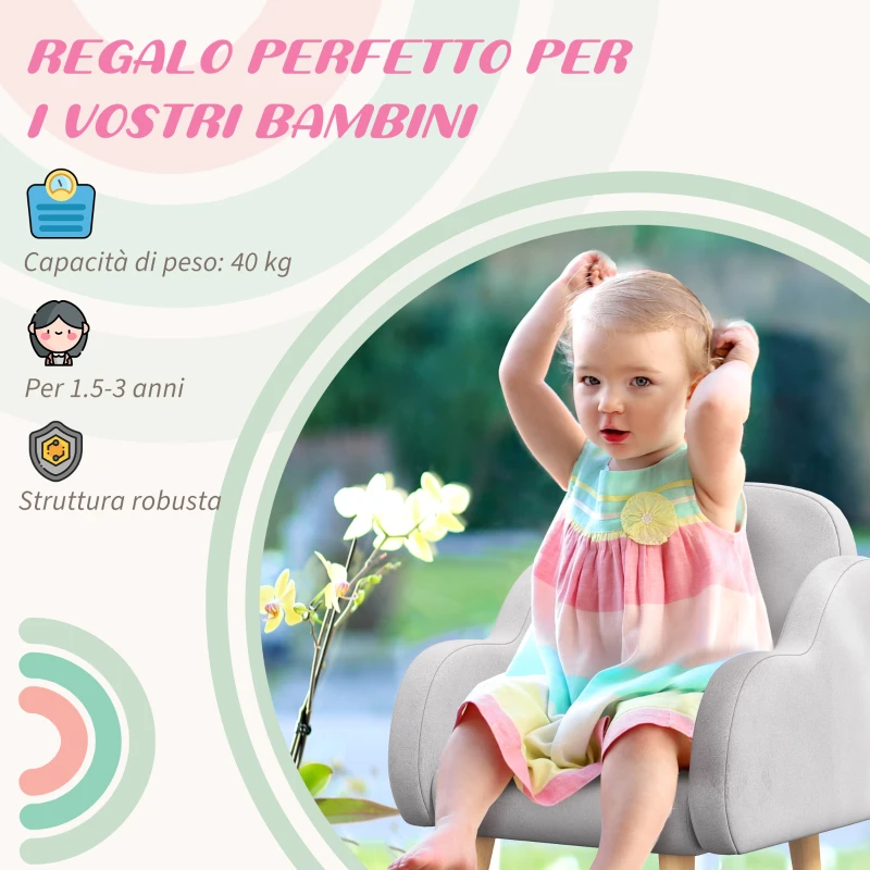 ZONEKIZ Poltrona per Bambini fino a 3 Anni con Braccioli a Nuvola in Tessuto, 46x51x55cm, Grigio