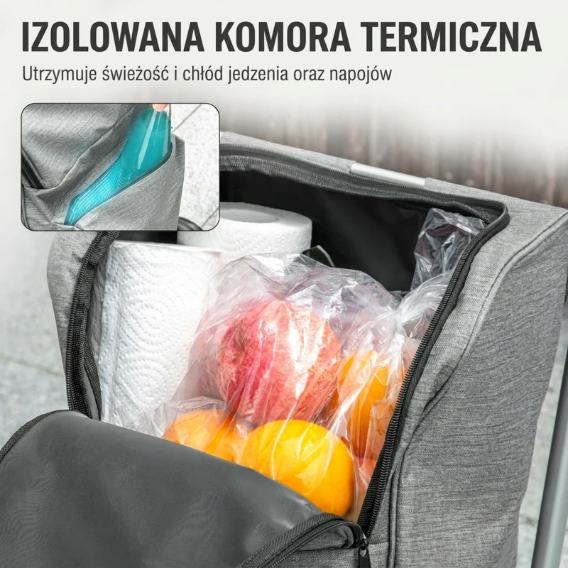 HOMCOM Wózek na zakupy, torba 46 litrów, składany wózek na zakupy z chłodziarką, regulowany uchwyt, rama aluminiowa, szary