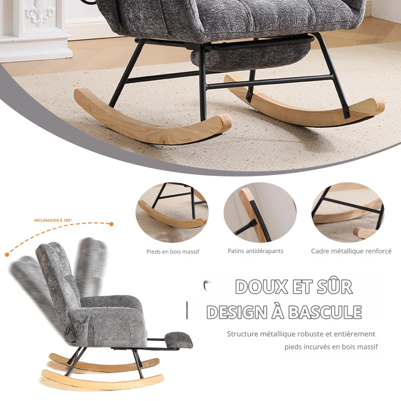Fauteuil à bascule, coussins gonflables réglables, dossier haut, repose-pieds et rangement latéral, 63x92x89 cm, Gris foncé