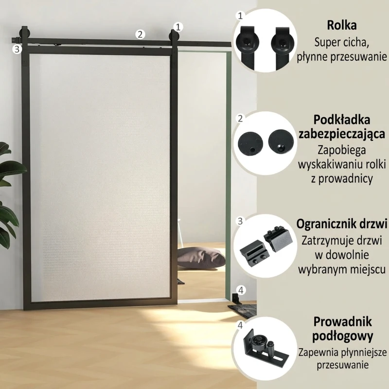 Kompletny zestaw okuć do drzwi przesuwnych HOMCOM, 244 cm, z szynami, rolkami, urządzeniami przeciwskokowymi, stoperami drzwiowymi, prowadnicą, system z stalą węglową, Czarny