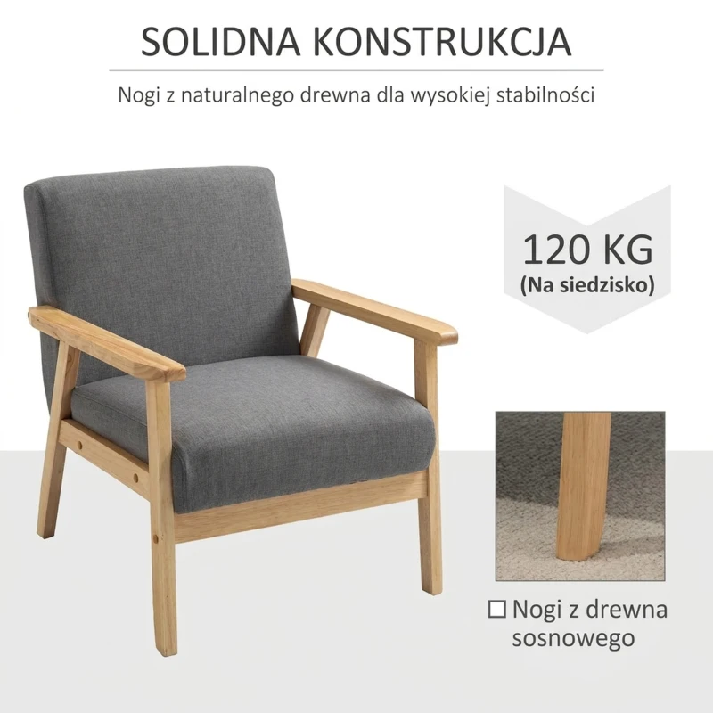 HOMCOM Fotel w stylu skandynawskim, Fotel akcentowy, Lite drewno, Imitacja lnu, 64 cm x 70 cm x 72 cm, Szary + Natura