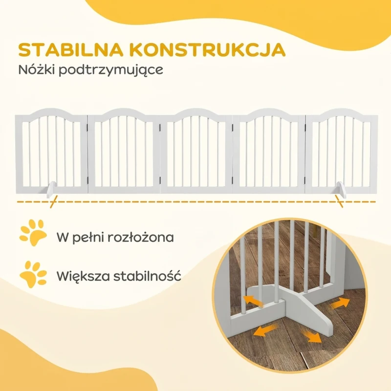 PawHut Bramka dla psów, 5 paneli, składana, elastyczna, Drewno lite/MDF, 254,5x29,5x61 cm, Biała