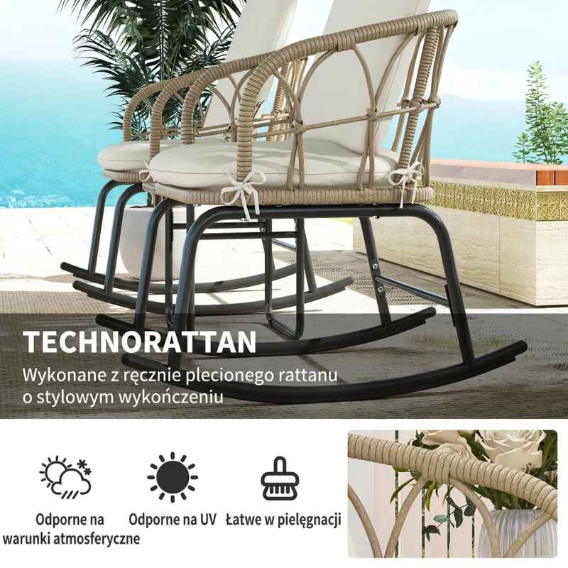 Outsunny Zestaw bujanych krzeseł w stylu boho, z PE-Rattanu, odporny na warunki atmosferyczne, Kremowy