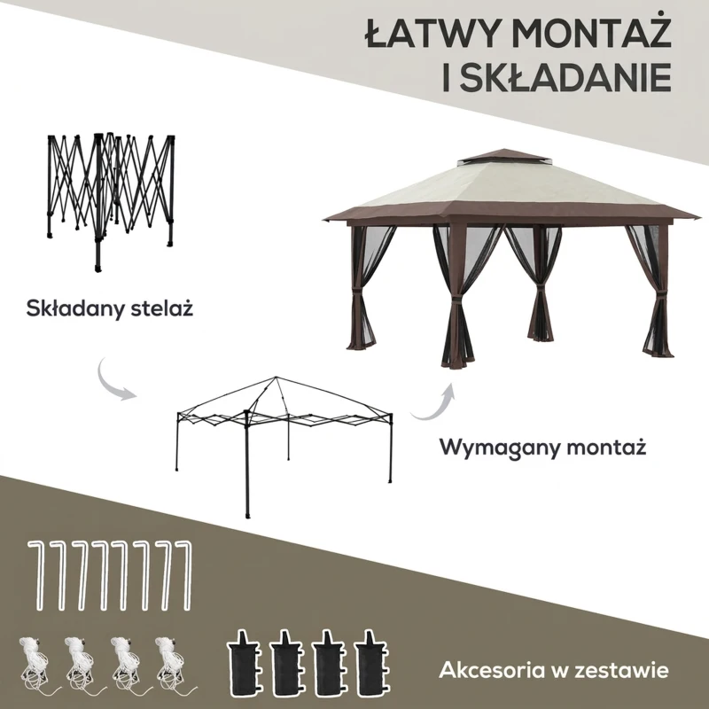 Outsunny Pawilon składany, regulowany wysokość, 4 ścianki z siateczki, dach wentylacyjny, torba transportowa, szybki montaż, 4 x 4 x 3 m, Beżowy
