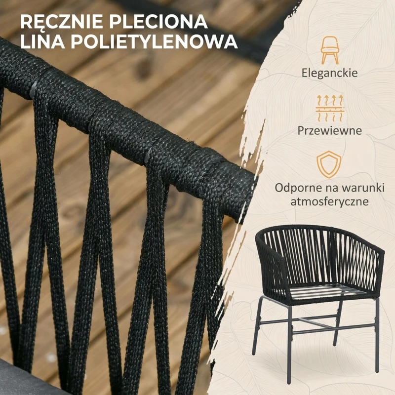 Outsunny Krzesła Ogrodowe, 2 szt., Design Boho, Poduszki na Siedzisko i Oparcie, Wygodna Powierzchnia Siedziska, Rama Metalowa, Czarny