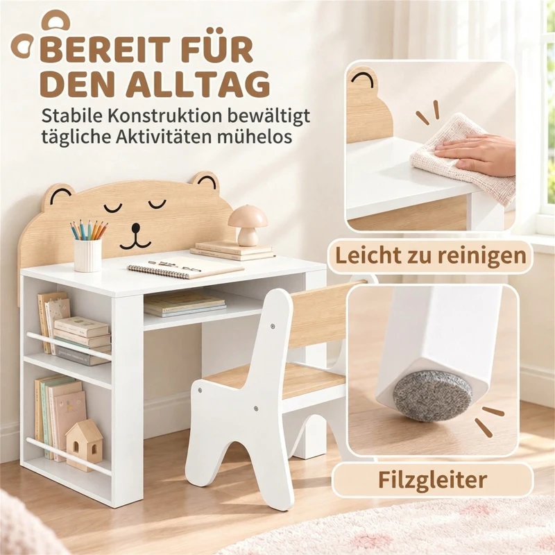 AIYAPLAY Kinder tafel- en stoelset om te leren en tekenen, kinderset met boekenkast, wit