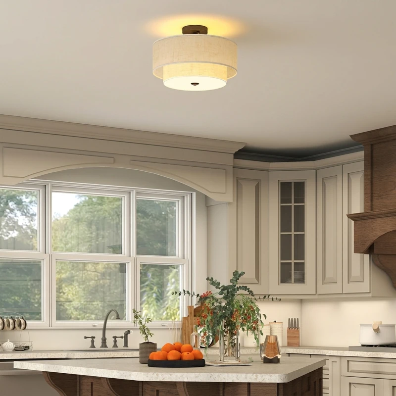 HOMCOM Modern Ceiling Light with Dual Linen Lampshades, Semi Flush LED Ceiling Light for Living Room, Bedroom, Kitchen, E14 Bulb Compatible, Cream White