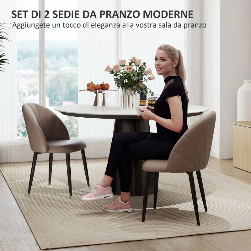 HOMCOM Set 2 Sedie da Pranzo in Pelle PU con Gambe in Metallo e Schienale a Conchiglia, Marrone