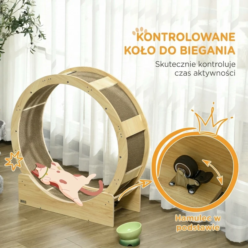 Kocie koło biegowe 91 cm z hamulcem, deska do drapania, dąb