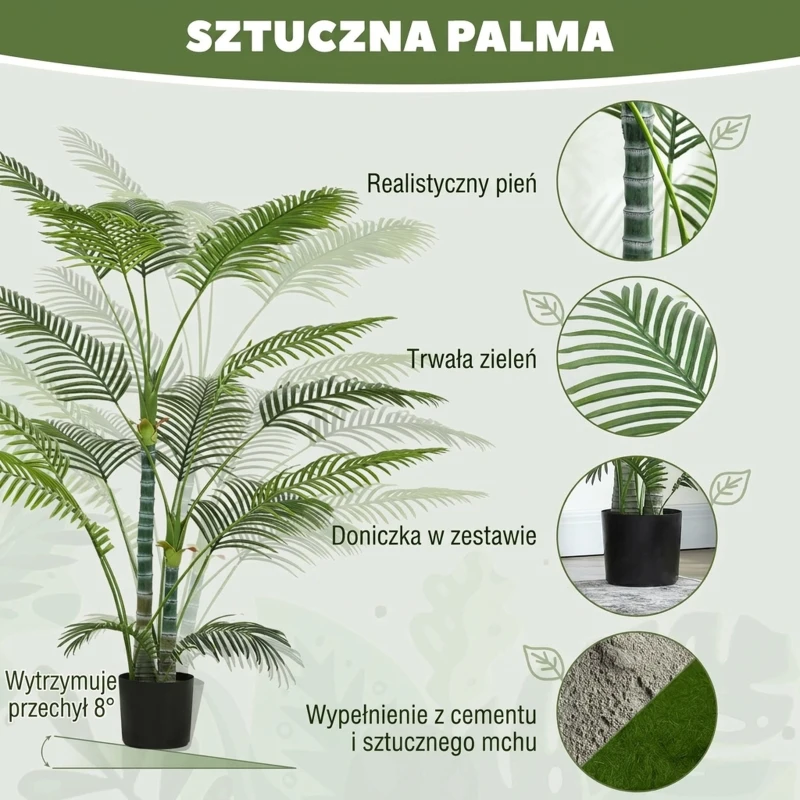 HOMCOM Sztuczna Palma Wysoka 175 cm, Sztuczna Roślina w Doniczce z Flockowaną Tkaniną, UV-Odporna Sztuczna Palma, Fałszywa Roślina Jak Prawdziwa dla Salonu Sypialni Biura Ogrodu