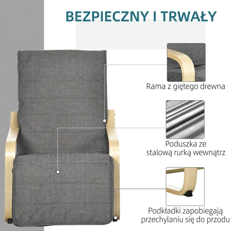 HOMCOM fotel do salonu relaksacyjny 5-stopniowy regulowany podnóżek z podłokietnikami drewno brzozowe do 120 kg szary