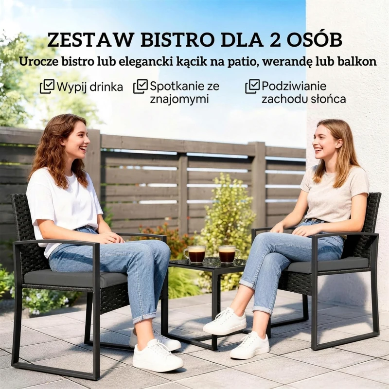 Outsunny Zestaw Bistro z Rattanu, 3-częściowy Zestaw Mebli Ogrodowych z 2 Fotelami, Stolik Kawowy, Poduszki, Ciemnoszary