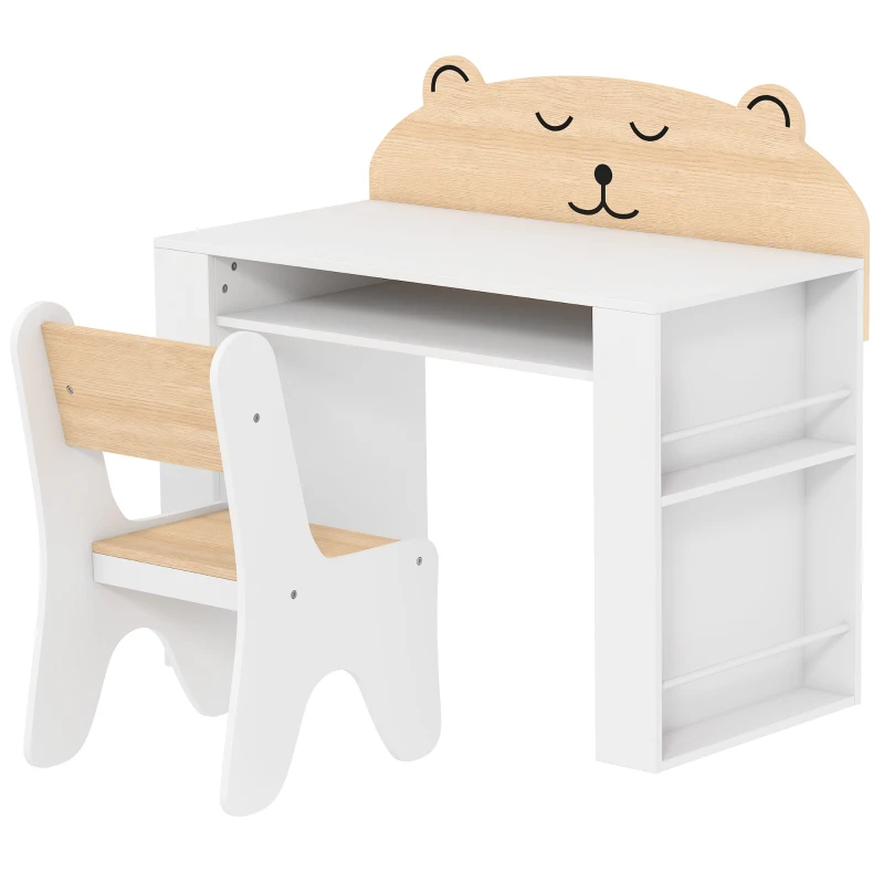 AIYAPLAY Kinder tafel- en stoelset om te leren en tekenen, kinderset met boekenkast, wit