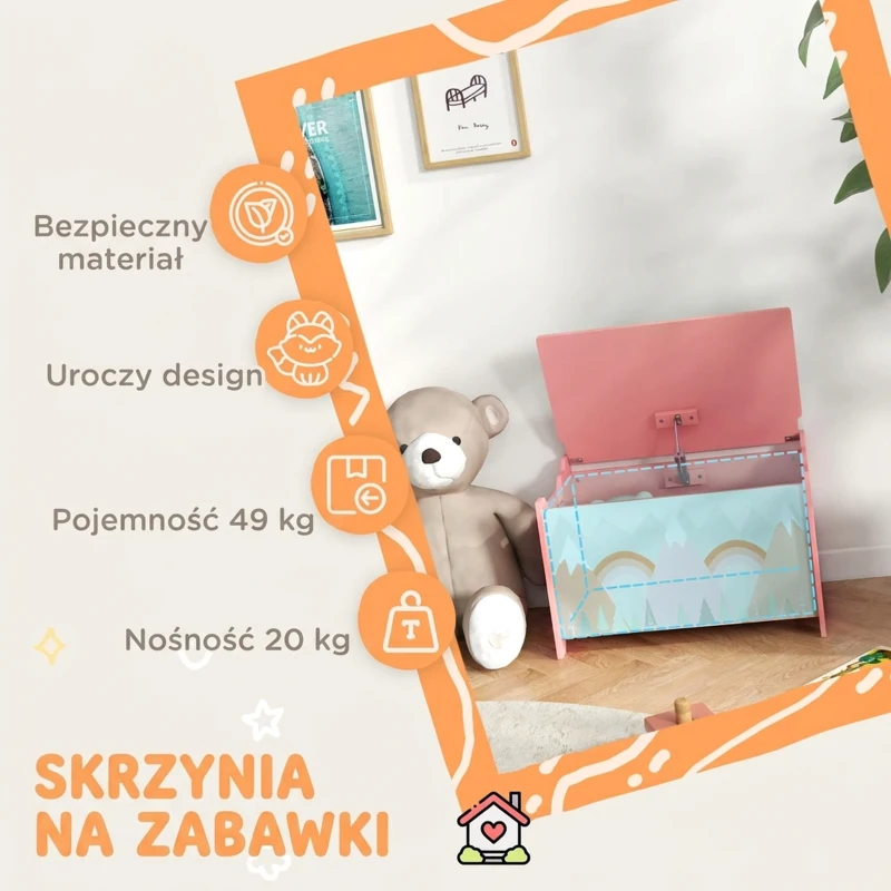 ZONEKIZ Skrzynia na zabawki, pudełko z otwieraną pokrywą, zawias bezpieczeństwa, urocze zwierzęce wzory, uchwyt, miejsce do przechowywania zabawek w pokoju dziecięcym, 60x37x39 cm, Różowy