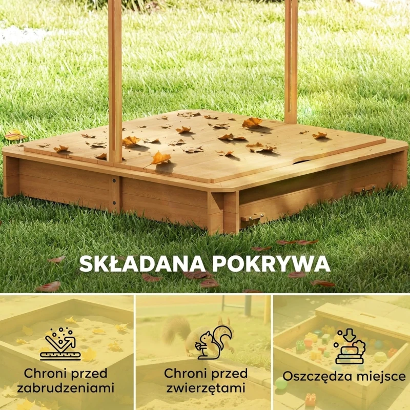 Outsunny Piaskownica 106x106 cm dla dzieci z drewna z regulowanym daszkiem, ławkami i oparciami jasnobrązowa