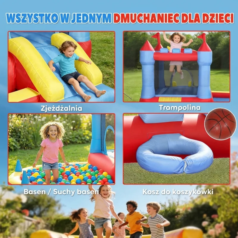 AIYAPLAY Dmuchana zjeżdżalnia z dmuchawą, trampoliną, basenem i pistoletem wodnym, 342 x 255 x 209 cm, niebieska