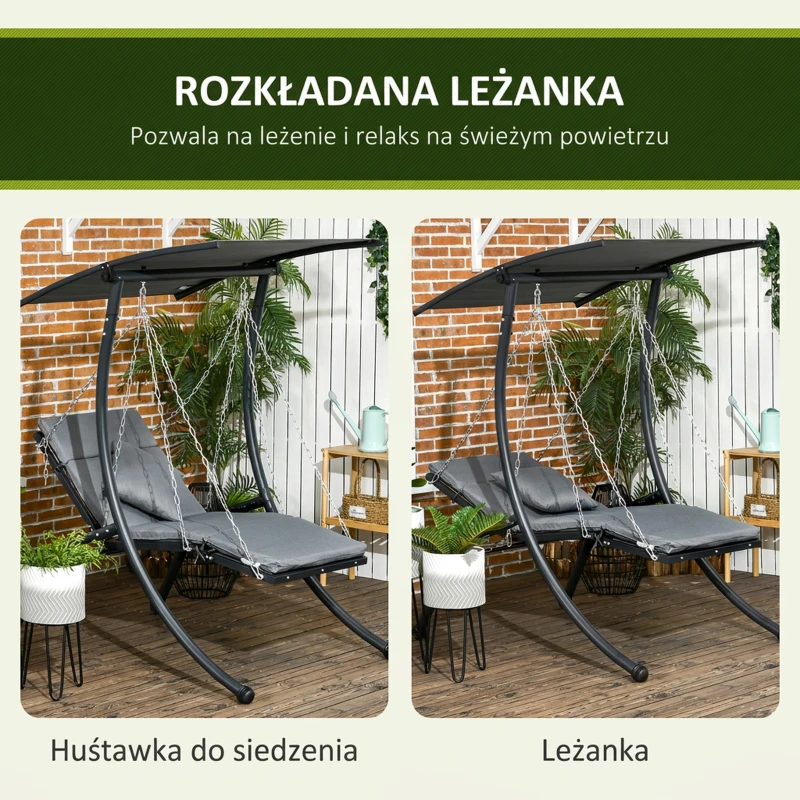 Huśtawka ogrodowa z poduszkami, regulowany daszek, stalowa