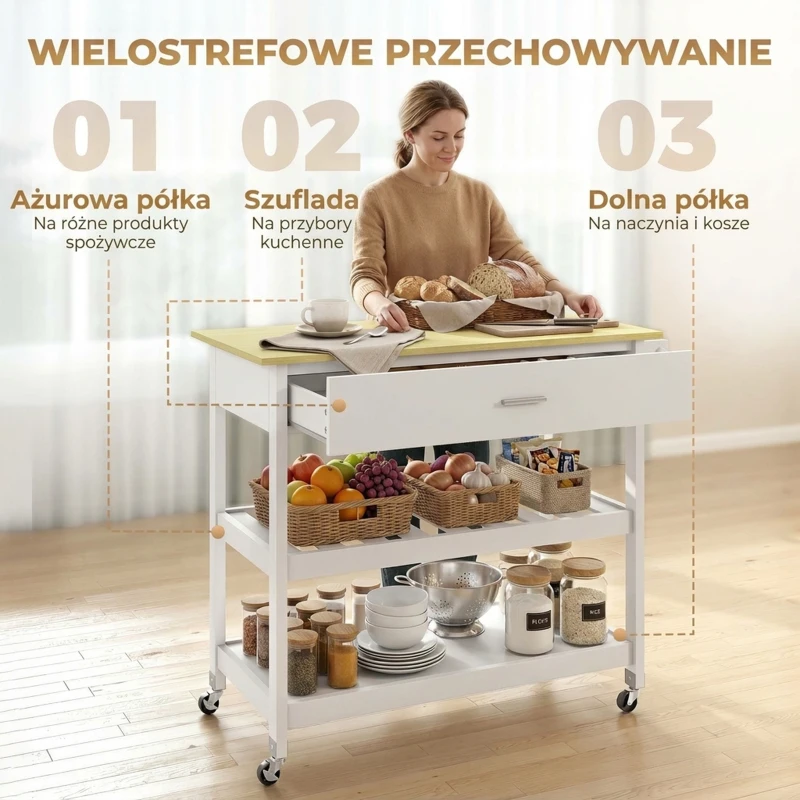 HOMCOM Wózek kuchenny z miejscem do przechowywania, mobilna wyspa kuchenna z dużym blatem roboczym, szufladą, 2 otwartymi półkami, uchwytem na ręczniki, biały