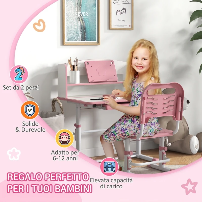 ZONEKIZ Set Scrivania per Bambini con Sedia Regolabile in Altezza e Piano Inclinabile, Età 6-12 Anni, Rosa
